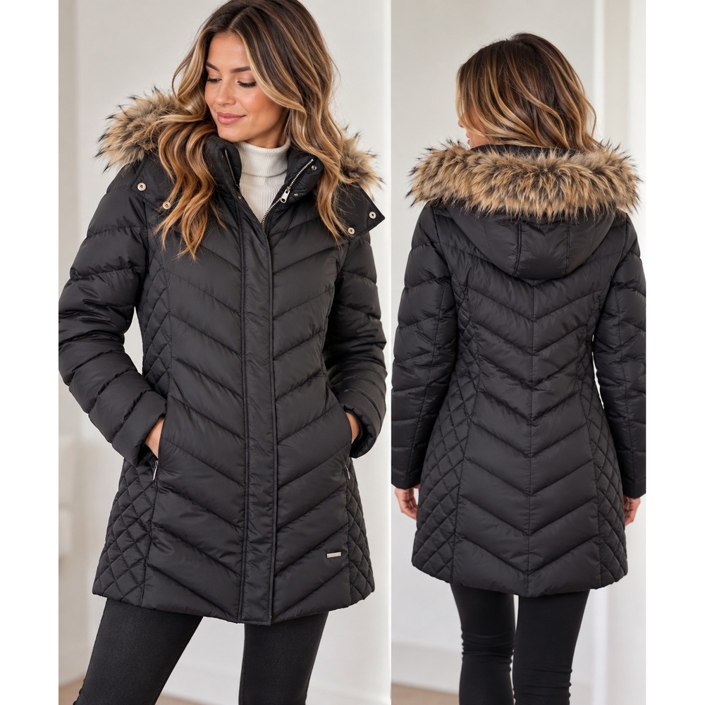 Kenneth Cole Reaction Black Puffer Coat Faux Fur Hood Quilted Women's PL